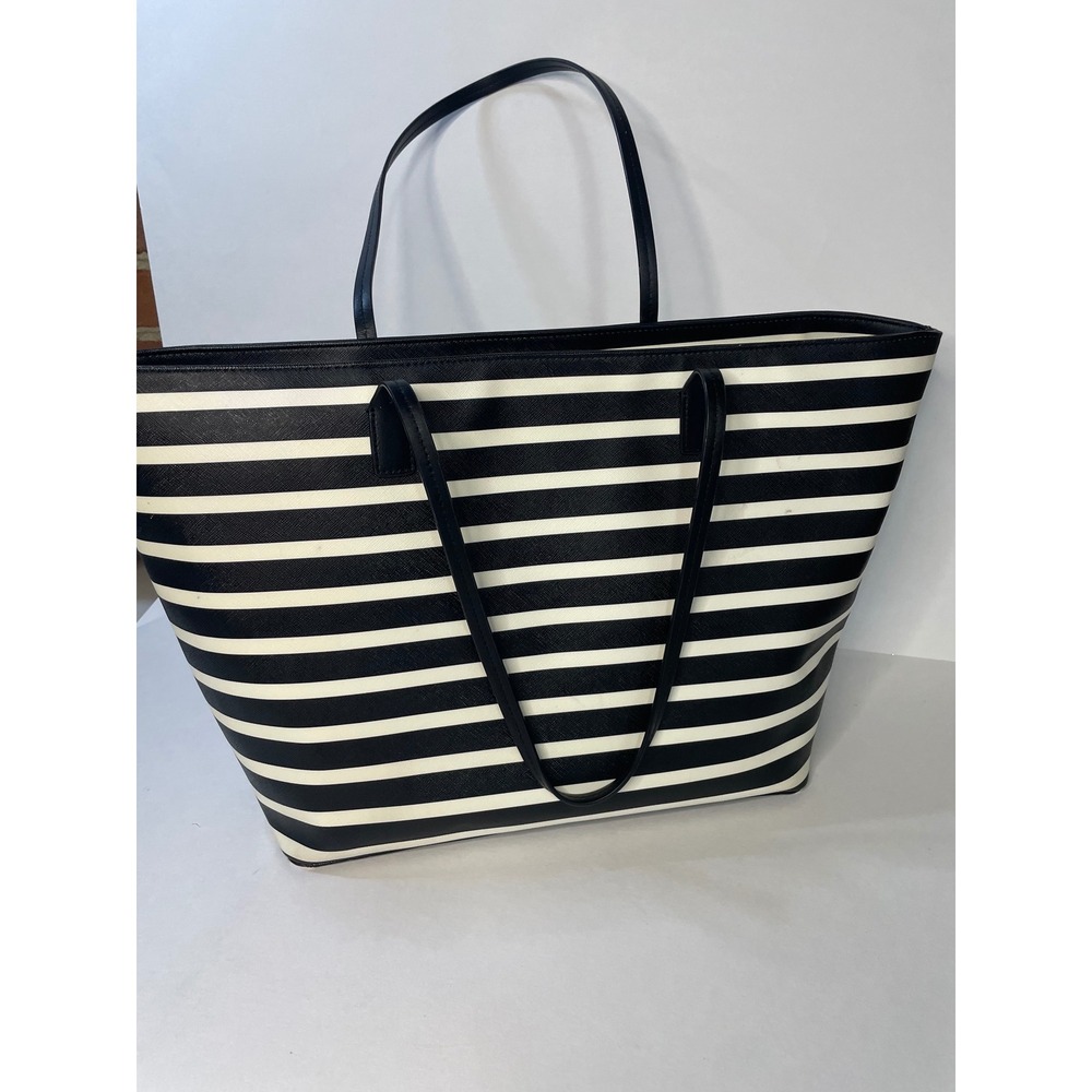 Kate Spade Tote Bag Womens Large Black White Excellent Striped Saffiano Leather - Picture 2 of 8